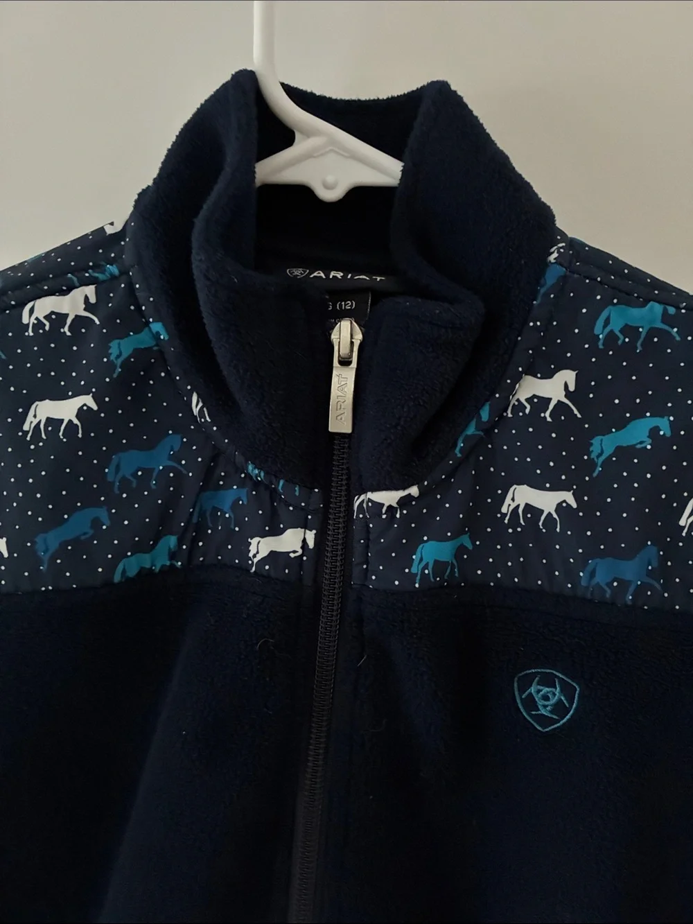 Ariat Kids Navy Blue Full-Zip Fleece Jacket with Horse Print Yoke